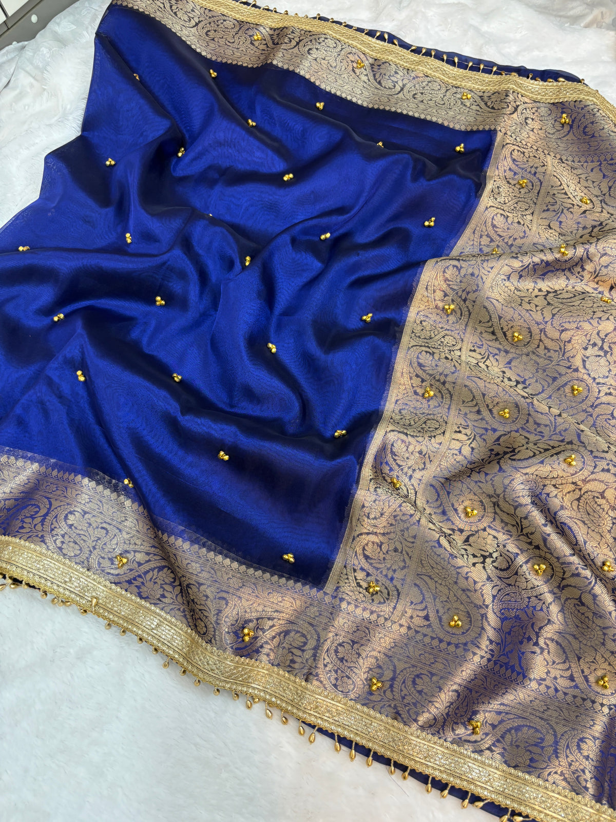 Viral Banarasi Royal Blue Tissue Silk Saree with Latkans, Laces and Ghungru