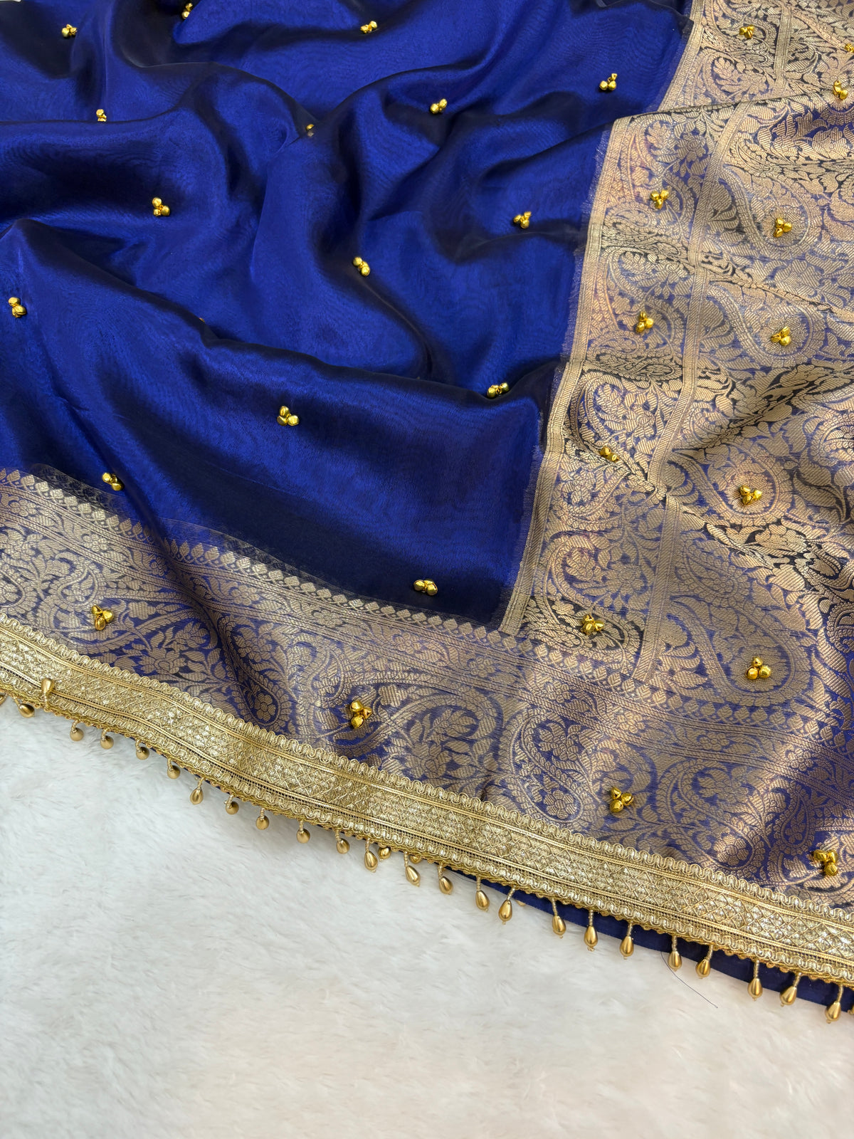 Viral Banarasi Royal Blue Tissue Silk Saree with Latkans, Laces and Ghungru