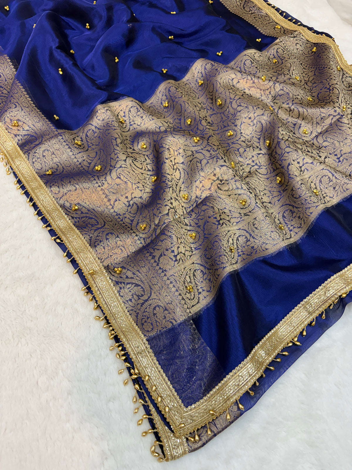 Viral Banarasi Royal Blue Tissue Silk Saree with Latkans, Laces and Ghungru