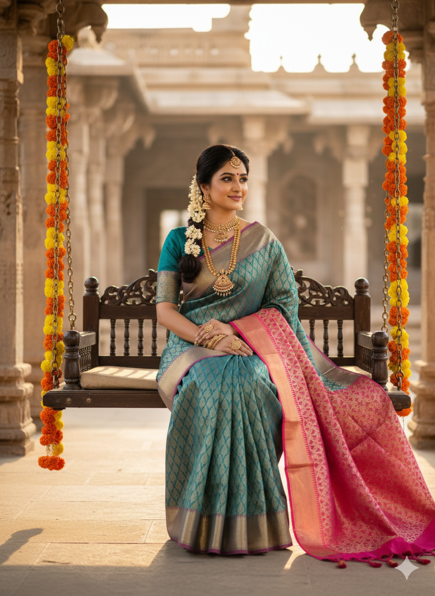 Premium Banarasi Silk Saree in Sapphire and Rani Shade
