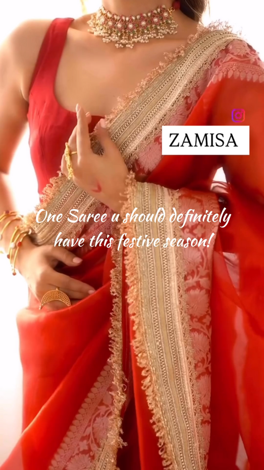 Beautiful Bridal Red Tissue Silk Saree with Lace Work