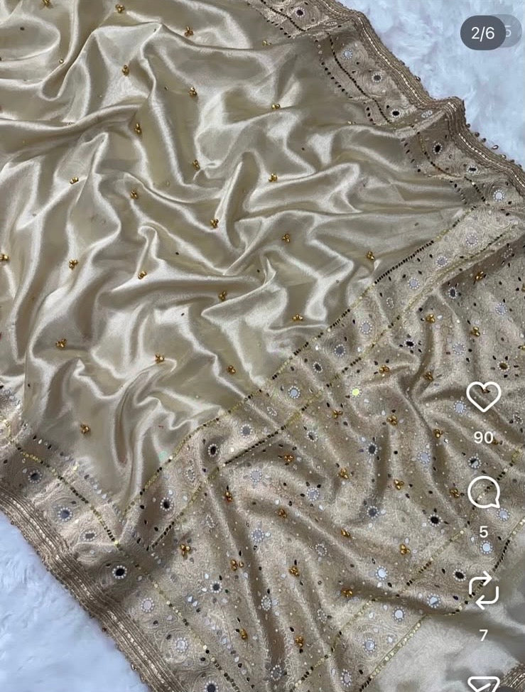 Viral Banarasi Ivory Tissue Silk Saree with Ghungru, Latkans, Laces, Pearls and Mirrors