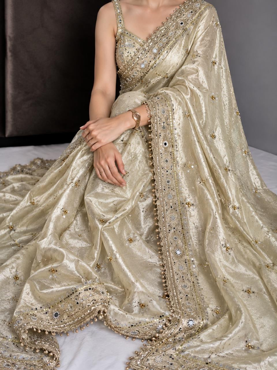 Viral Banarasi Ivory Tissue Silk Saree with Ghungru, Latkans, Laces, Pearls and Mirrors
