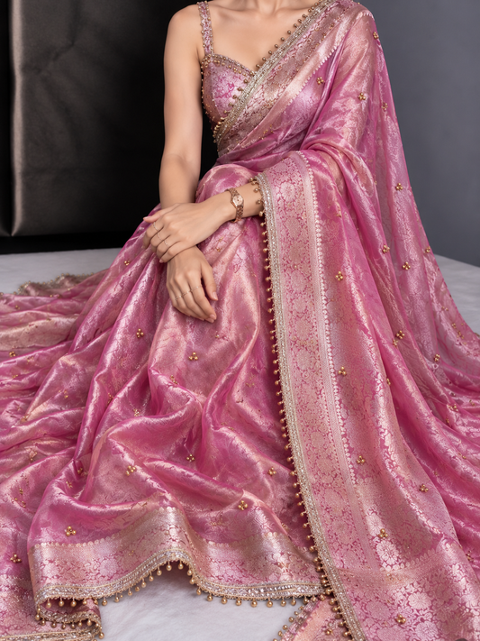 Viral Banarasi Baby Pink Ghungru Saree with Latkans and Laces