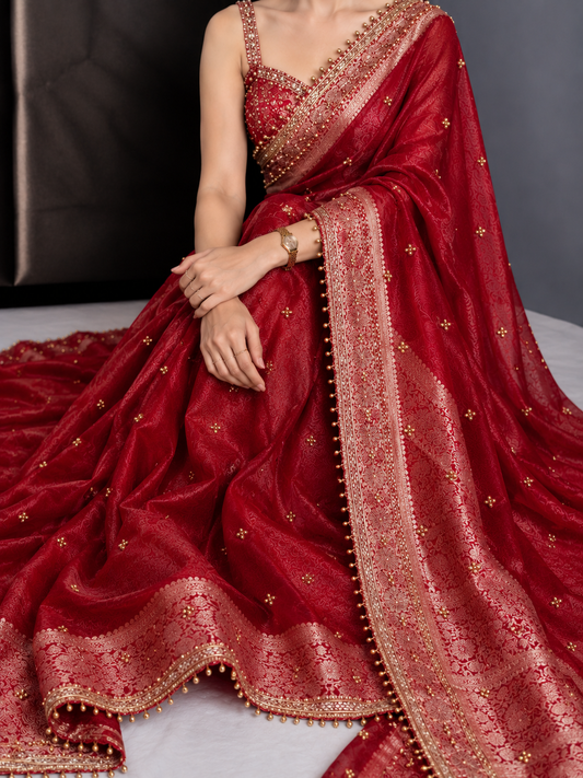 Viral Banarasi Red Ghungru Saree with Latkans and Laces